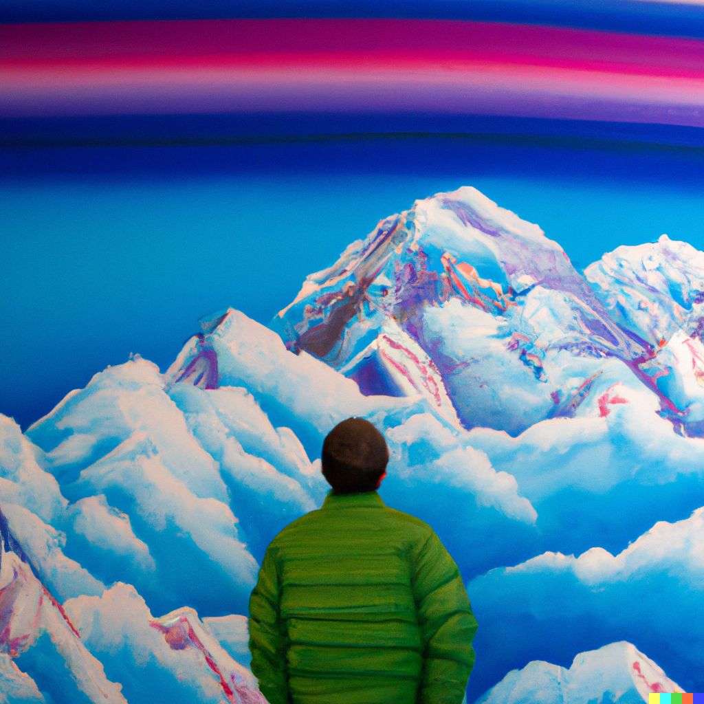 someone gazing at Mount Everest, airbrush painting by Howard Arkley